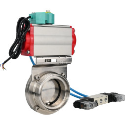 Затвор дисковый поворотный WBV3131E-2W-T-H Ду20 Ру10 резьбовой, корпус - пищевая нержавеющая сталь 304, уплотнение - EPDM, с пневмоприводом PA-SA-065, пневмораспределителем 4M320-08 AC220V, магнитным переключателем ALS200D