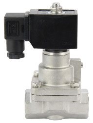 Клапан электромагнитный VS1031-PT-NC-24VDC 1 1/4″ Ду32 Ру12 соленоидный двухходовой поршневой, резьбовой, корпус - нержавеющая сталь AISI 304, уплотнение - PTFE, пилотного действия, нормально закрытый, катушка - 24В DC