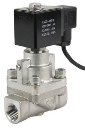 Клапан электромагнитный на высокое давление VS931-PT-NC-220VAC 1 1/4″ Ду32 Ру6-80 соленоидный двухходовой поршневой, корпус - нержавеющая сталь 304, уплотнение - PTFE, резьбовой, пилотного действия, нормально закрытый, катушка - 220В