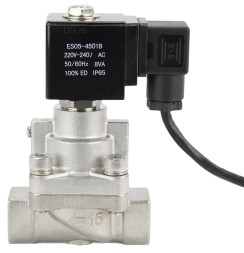 Клапан электромагнитный на высокое давление VS931-PT-NC-220VAC 1 1/4″ Ду32 Ру6-80 соленоидный двухходовой поршневой, корпус - нержавеющая сталь 304, уплотнение - PTFE, резьбовой, пилотного действия, нормально закрытый, катушка - 220В
