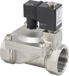 Клапан электромагнитный VS431-ET-NC-24VAC 1 1/2″ Ду40 Ру16 пилотного действия двухходовой, корпус - сталь нержавеющая 304, присоединение - внутренняя резьба, уплотнение - EPDM, нормально-закрытый, катушка - 24В AC