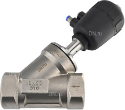 Клапан отсечной пневматический VSP3241P-T-1PNC Ду50 Ру25, корпус - нержавеющая сталь SS316, резьбовой, Y-образный, корпус привода - пластик