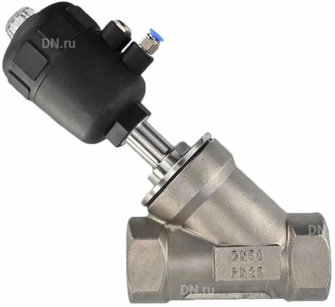Клапан отсечной пневматический VSP3241P-T-1PNC Ду50 Ру25, корпус - нержавеющая сталь SS316, резьбовой, Y-образный, корпус привода - пластик в Алматы
