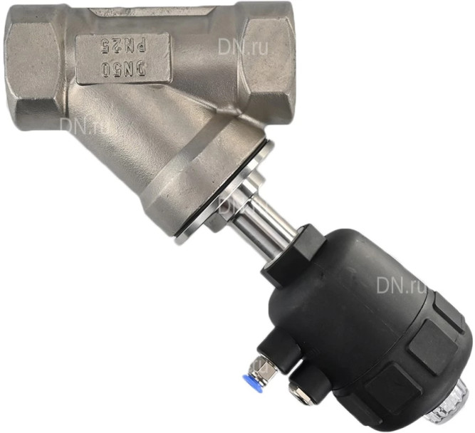 Клапан отсечной пневматический VSP3241P-T-1PNC Ду50 Ру25, корпус - нержавеющая сталь SS316, резьбовой, Y-образный, корпус привода - пластик в Алматы