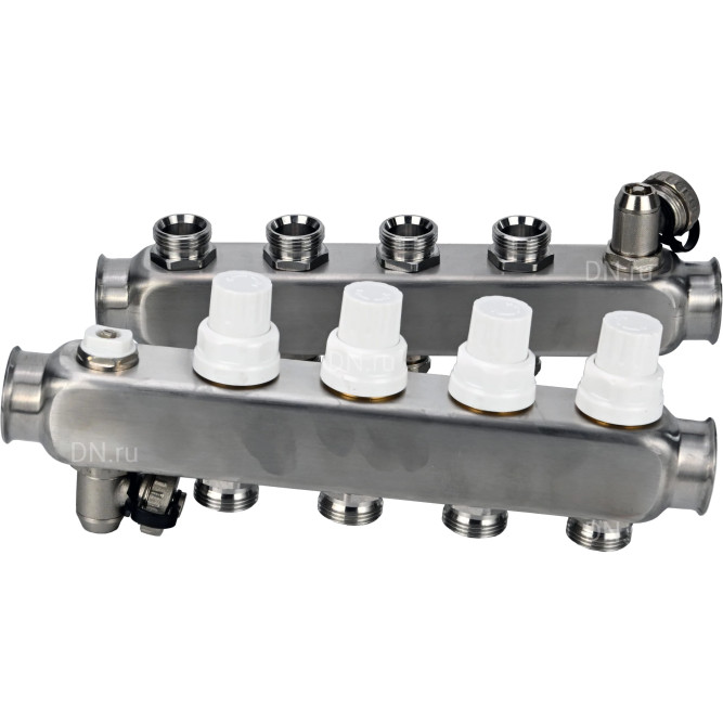 Коллекторная группа GC4-31-4 1″ Ду25 Ру10 отводов — 4, в сборе с терморегулирующими клапанами и запорно-балансировочными клапанами, дренажным краном и воздухоотводчиком, с заглушками, без переходников, корпус - нержавеющая сталь AISI 304 в Алматы