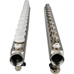 Коллекторная группа GC4-31-11 1″ Ду25 Ру10 отводов — 11, в сборе с терморегулирующими клапанами и запорно-балансировочными клапанами, дренажным краном и воздухоотводчиком, с заглушками, без переходников, корпус - нержавеющая сталь AISI 304