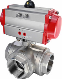 Кран шаровой BV3232P(4pc)-SP-3WL-T-ISO-H Ду65 Ру40 стандартнопроходной L-тип, трехходовой, нержавеющая сталь SS316, внутренняя резьба, уплотнение - PTFE, с пневмоприводом PA-SA-105 с возвратными пружинами