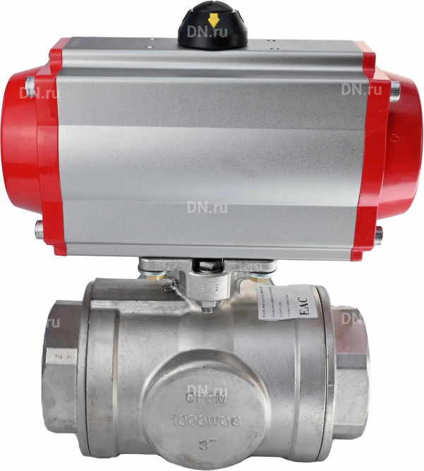 Кран шаровой BV3232P(4pc)-SP-3WL-T-ISO-H Ду65 Ру40 стандартнопроходной L-тип, трехходовой, нержавеющая сталь SS316, внутренняя резьба, уплотнение - PTFE, с пневмоприводом PA-SA-105 с возвратными пружинами в Алматы