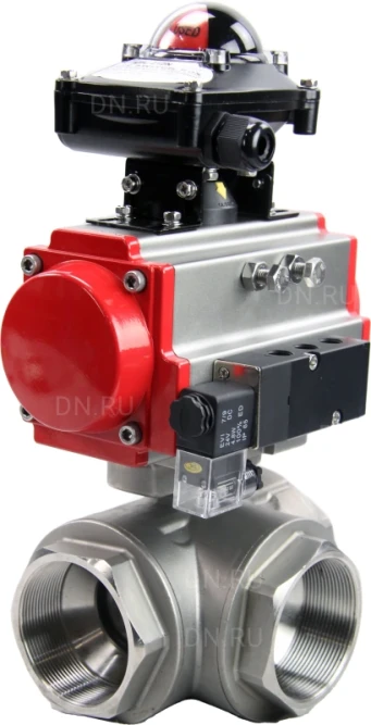 Кран шаровой BV3232P(4pc)-SP-3WL-T-ISO-H Ду65 Ру40 стандартнопроходной трехходовой L-тип, нерж. сталь SS316, внутренняя резьба, уплотнение - PTFE, пн.приводом PA-DA-083, пн.распределителем 4M310-08 DC24V и БКВ APL-210N в Алматы