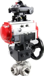 Кран шаровой BV3232P(4pc)-SP-3WL-T-ISO-H Ду32 Ру63 стандартнопроходной трехходовой L-тип, нерж. сталь SS316, внутренняя резьба, PTFE, пн.приводом PA-DA-065, пн.распределителем 4M310-08 DC24V, БКВ APL-210N и ручным дублером MON1-250-T26-ISO