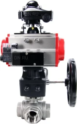 Кран шаровой BV3232P(4pc)-SP-3WL-T-ISO-H Ду32 Ру63 стандартнопроходной трехходовой L-тип, нерж. сталь SS316, внутренняя резьба, PTFE, пн.приводом PA-DA-065, пн.распределителем 4M310-08 DC24V, БКВ APL-210N и ручным дублером MON1-250-T26-ISO