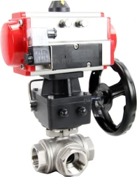 Кран шаровой BV3232P(4pc)-SP-3WL-T-ISO-H Ду20 Ру63 стандартнопроходной трехходовой L-тип, нерж. сталь SS316, внутренняя резьба, уплотнение - PTFE, пн.приводом PA-DA-065, пн.распределителем 4M310-08 DC24V и ручным дублером MON1-250-T26-ISO