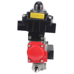 Кран шаровой BV3232P(4pc)-SP-3WL-T-ISO-H Ду32 Ру63 стандартнопроходной трехходовой L-тип, нержавеющая сталь SS316, внутренняя резьба, PTFE, пн.приводом PA-DA-052, пн.распределителем 4M310-08 DC24V и БКВ APL-410N EX