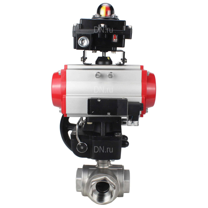 Кран шаровой BV3232P(4pc)-SP-3WL-T-ISO-H Ду65 Ру40 стандартнопроходной трехходовой L-тип, нержавеющая сталь SS316, внутренняя резьба, PTFE, пн.привод PA-DA-083, пн.распределитель 4M310-08 AC220V, БКВ APL-410N EX и ручной дублер MON2-450-T28-ISO в Алматы