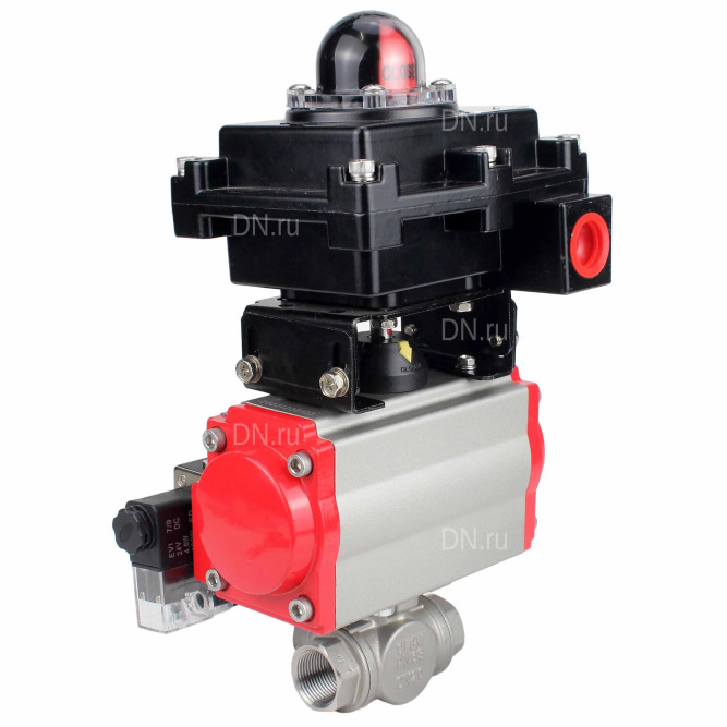 Кран шаровой BV3232P(4pc)-SP-3WL-T-ISO-H Ду65 Ру40 стандартнопроходной трехходовой L-тип, нержавеющая сталь SS316, внутренняя резьба, PTFE, пн.приводом PA-SA-105, пн.распределителем 4M310-08 AC220V и БКВ APL-410N EX в Алматы