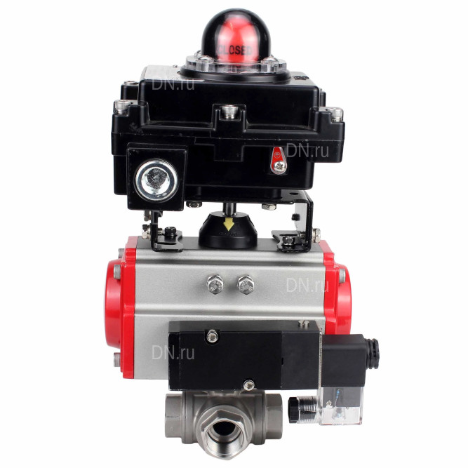 Кран шаровой BV3232P(4pc)-SP-3WL-T-ISO-H Ду65 Ру40 стандартнопроходной трехходовой L-тип, нержавеющая сталь SS316, внутренняя резьба, PTFE, пн.приводом PA-SA-105, пн.распределителем 4M310-08 AC220V и БКВ APL-410N EX в Алматы