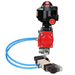 Кран шаровой BV3232P(4pc)-SP-3WL-T-ISO-H 1″ Ду25 Ру63 стандартнопроходной трехходовой L-тип, нержавеющая сталь SS316, внутренняя резьба, уплотнение - PTFE, с пн.приводом PA-DA-052 пн.распределителем 4V320-08 AC220V БКВ APL-510N-EX