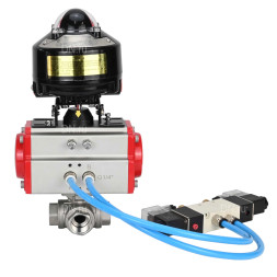 Кран шаровой BV3232P(4pc)-SP-3WL-T-ISO-H 1 1/4″ Ду32 Ру63 стандартнопроходной трехходовой L-тип, нержавеющая сталь SS316, внутренняя резьба, уплотнение - PTFE, с пн.приводом PA-SA-065 пн.распределителем 4V320-10 AC220V БКВ APL-510N-EX