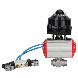 Кран шаровой BV3232P(4pc)-SP-3WL-T-ISO-H 1 1/4″ Ду32 Ру63 стандартнопроходной трехходовой L-тип, нержавеющая сталь SS316, внутренняя резьба, уплотнение - PTFE, с пн.приводом PA-SA-065 пн.распределителем 4V320-10 AC220V БКВ APL-510N-EX