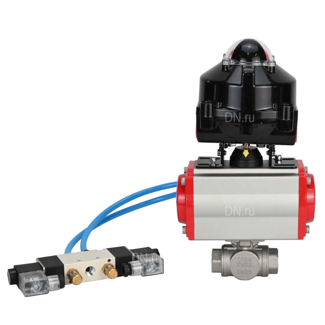 Кран шаровой BV3232P(4pc)-SP-3WL-T-ISO-H 1 1/4″ Ду32 Ру63 стандартнопроходной трехходовой L-тип, нержавеющая сталь SS316, внутренняя резьба, уплотнение - PTFE, с пн.приводом PA-SA-065 пн.распределителем 4V320-10 AC220V БКВ APL-510N-EX в Алматы