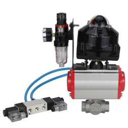 Кран шаровой BV3232P(4pc)-SP-3WL-T-ISO-H 1 1/4″ Ду32 Ру63 стандартнопроходной трехходовой L-тип, нержавеющая сталь SS316, внутренняя резьба, PTFE, с пн.приводом PA-SA-065 пн.распределителем 4V320-10 AC220V БПВ AFC2000 БКВ APL-510N-EX