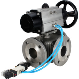 Кран шаровой BV3232P(4pc)-FP-3WL-F Ду100 Ру16 полнопроходной трехходовой, фланцевый, корпус - нержавеющая сталь SS316, с пневмоприводом PA-DA-105-1 двойного действия и пневмораспределителем 4V320-10 AC220V