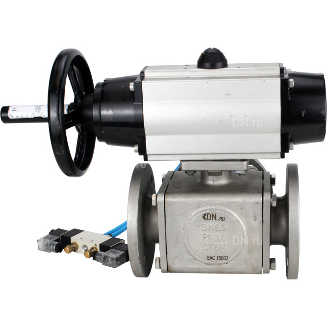 Кран шаровой BV3232P(4pc)-FP-3WL-F Ду100 Ру16 полнопроходной трехходовой, фланцевый, корпус - нержавеющая сталь SS316, с пневмоприводом PA-DA-105-1 двойного действия и пневмораспределителем 4V320-10 AC220V в Алматы