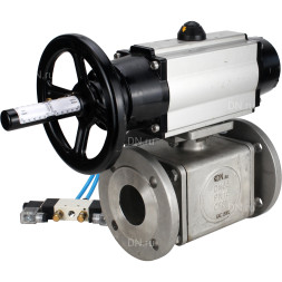 Кран шаровой BV3232P(4pc)-FP-3WL-F Ду100 Ру16 полнопроходной трехходовой, фланцевый, корпус - нержавеющая сталь SS316, с пневмоприводом PA-DA-105-1 двойного действия и пневмораспределителем 4V320-10 AC220V