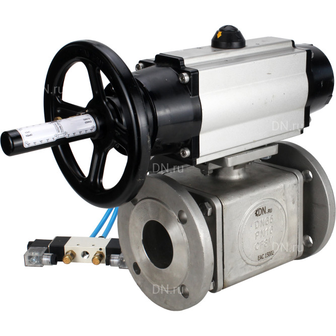 Кран шаровой BV3232P(4pc)-FP-3WL-F Ду100 Ру16 полнопроходной трехходовой, фланцевый, корпус - нержавеющая сталь SS316, с пневмоприводом PA-DA-105-1 двойного действия и пневмораспределителем 4V320-10 AC220V в Алматы