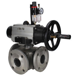 Кран шаровой BV3232P(4pc)-FP-3WL-F Ду100 Ру16 полнопроходной трехходовой, фланцевый, корпус - нержавеющая сталь SS316, с пневмоприводом PA-DA-105-1 двойного действия, пневмораспределителем 4M310-08 AC220V и БПВ AFC2000