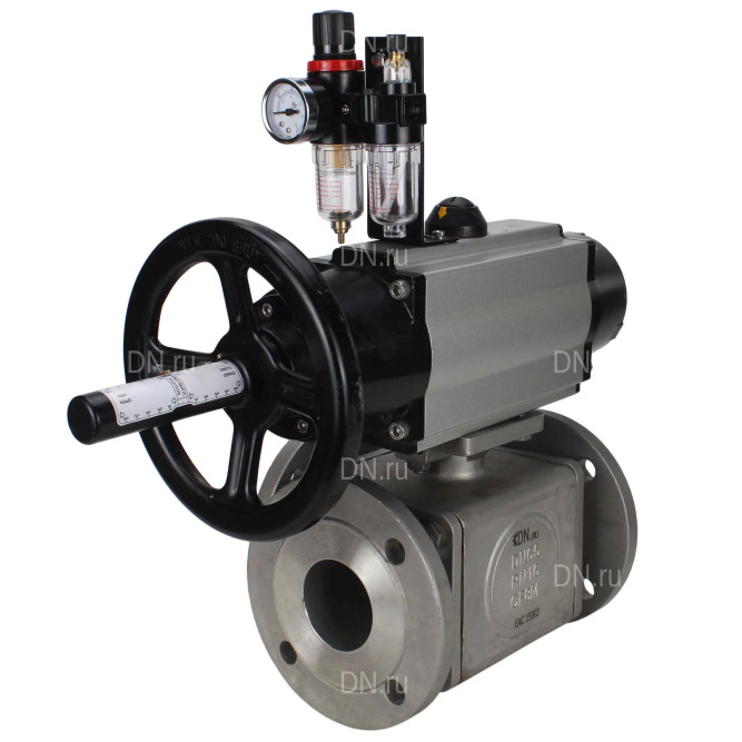 Кран шаровой BV3232P(4pc)-FP-3WL-F Ду100 Ру16 полнопроходной трехходовой, фланцевый, корпус - нержавеющая сталь SS316, с пневмоприводом PA-DA-105-1 двойного действия, пневмораспределителем 4M310-08 AC220V и БПВ AFC2000 в Алматы