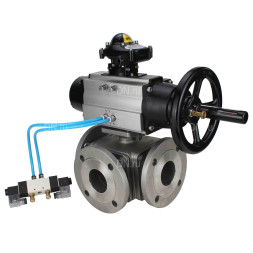 Кран шаровой BV3232P(4pc)-FP-3WL-F Ду100 Ру16 полнопроходной трехходовой, фланцевый, корпус - нержавеющая сталь SS316, с пневмоприводом PA-DA-105-1 двойного действия, пневмораспределителем 4V320-10 AC220V и БКВ APL-210N