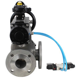 Кран шаровой BV3232P(4pc)-FP-3WL-F Ду100 Ру16 полнопроходной трехходовой, фланцевый, корпус - нержавеющая сталь SS316, с пневмоприводом PA-DA-105-1 двойного действия, пневмораспределителем 4V320-10 AC220V и БКВ APL-210N