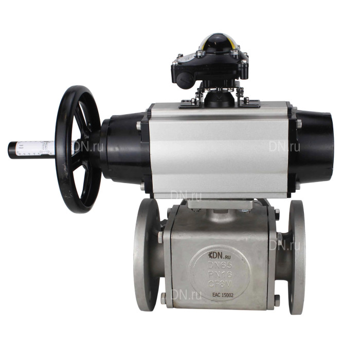 Кран шаровой BV3232P(4pc)-FP-3WL-F Ду100 Ру16 полнопроходной трехходовой, фланцевый, корпус - нержавеющая сталь SS316, с пневмоприводом PA-DA-105-1 двойного действия, пневмораспределителем 4V320-10 AC220V и БКВ APL-210N в Алматы