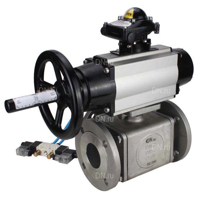 Кран шаровой BV3232P(4pc)-FP-3WL-F Ду100 Ру16 полнопроходной трехходовой, фланцевый, корпус - нержавеющая сталь SS316, с пневмоприводом PA-DA-105-1 двойного действия, пневмораспределителем 4V320-10 AC220V и БКВ APL-210N в Алматы