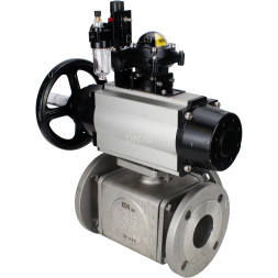 Кран шаровой BV3232P(4pc)-FP-3WL-F Ду100 Ру16 полнопроходной трехходовой, фланцевый, корпус - нержавеющая сталь SS316, с пневмоприводом PA-DA-105-1, пневмораспределителем 4M310-08 AC220V, БКВ APL-210N и БПВ AFC2000