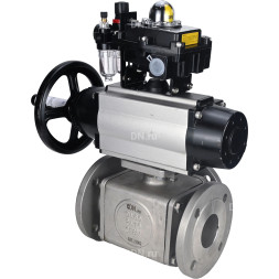 Кран шаровой BV3232P(4pc)-FP-3WL-F Ду100 Ру16 полнопроходной трехходовой, фланцевый, корпус - нержавеющая сталь SS316, с пневмоприводом PA-DA-105-1, пневмораспределителем 4M310-08 AC220V, БКВ APL-410N EX и БПВ AFC2000