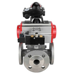 Кран шаровой BV3232P(4pc)-FP-3WL-F Ду15 Ру16 полнопроходной трехходовой, фланцевый, корпус - нержавеющая сталь SS316, с пневмоприводом PA-DA-052 двойного действия, пневмораспределителем 4M310-08 AC220V и БКВ APL-210N
