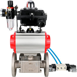 Кран шаровой BV3232P(4pc)-FP-3WL-F Ду15 Ру16 полнопроходной трехходовой, фланцевый, корпус - нержавеющая сталь SS316, с пневмоприводом PA-DA-052 двойного действия, пневмораспределителем 4V320-10 AC220V, БКВ APL-410N EX и БПВ AFC2000