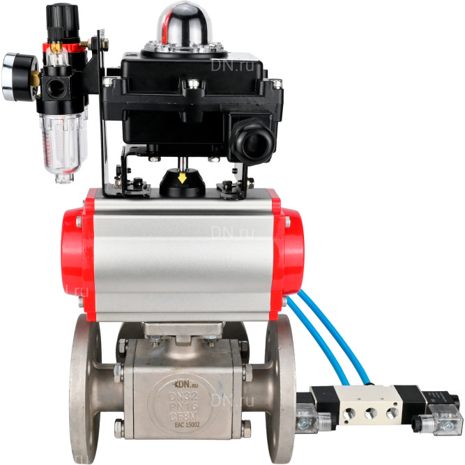 Кран шаровой BV3232P(4pc)-FP-3WL-F Ду15 Ру16 полнопроходной трехходовой, фланцевый, корпус - нержавеющая сталь SS316, с пневмоприводом PA-DA-052 двойного действия, пневмораспределителем 4V320-10 AC220V, БКВ APL-410N EX и БПВ AFC2000 в Алматы