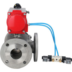 Кран шаровой BV3232P(4pc)-FP-3WL-F Ду20 Ру16 полнопроходной трехходовой, фланцевый, корпус - нержавеющая сталь SS316, с пневмоприводом PA-DA-052 двойного действия и пневмораспределителем 4V320-08 AC220V