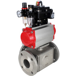 Кран шаровой BV3232P(4pc)-FP-3WL-F Ду20 Ру16 полнопроходной трехходовой, фланцевый, корпус - нержавеющая сталь SS316, с пневмоприводом PA-DA-052 двойного действия, пневмораспределителем 4M310-08 AC220V, БКВ APL-410N EX и БПВ AFC2000