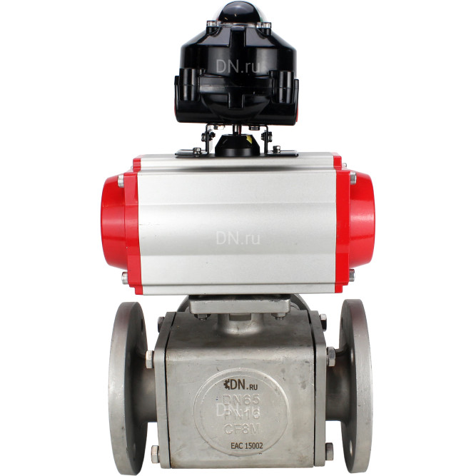 Кран шаровой BV3232P(4pc)-FP-3WL-F Ду20 Ру16 полнопроходной трехходовой, фланцевый, корпус - нержавеющая сталь SS316, с пневмоприводом PA-DA-052 двойного действия, пневмораспределителем 4M310-08 DC24V и БКВ APL-510N EX в Алматы