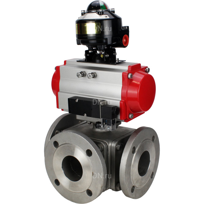 Кран шаровой BV3232P(4pc)-FP-3WL-F Ду20 Ру16 полнопроходной трехходовой, фланцевый, корпус - нержавеющая сталь SS316, с пневмоприводом PA-DA-052 двойного действия, пневмораспределителем 4M310-08 DC24V и БКВ APL-510N EX в Алматы