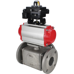 Кран шаровой BV3232P(4pc)-FP-3WL-F Ду40 Ру16 полнопроходной трехходовой, фланцевый, корпус - нержавеющая сталь SS316, с пневмоприводом PA-DA-065 двойного действия, пневмораспределителем 4M310-08 DC24V и БКВ APL-410N EX