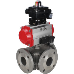 Кран шаровой BV3232P(4pc)-FP-3WL-F Ду40 Ру16 полнопроходной трехходовой, фланцевый, корпус - нержавеющая сталь SS316, с пневмоприводом PA-DA-065 двойного действия, пневмораспределителем 4M310-08 DC24V и БКВ APL-410N EX