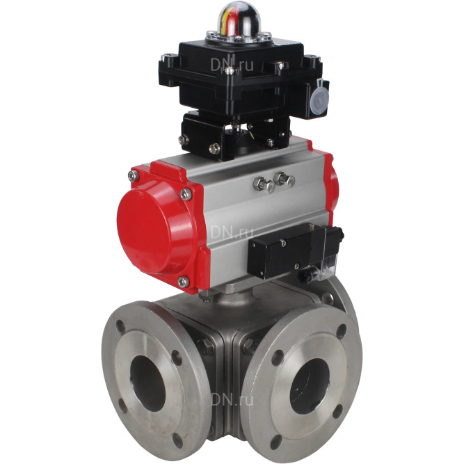 Кран шаровой BV3232P(4pc)-FP-3WL-F Ду40 Ру16 полнопроходной трехходовой, фланцевый, корпус - нержавеющая сталь SS316, с пневмоприводом PA-DA-065 двойного действия, пневмораспределителем 4M310-08 DC24V и БКВ APL-410N EX в Алматы