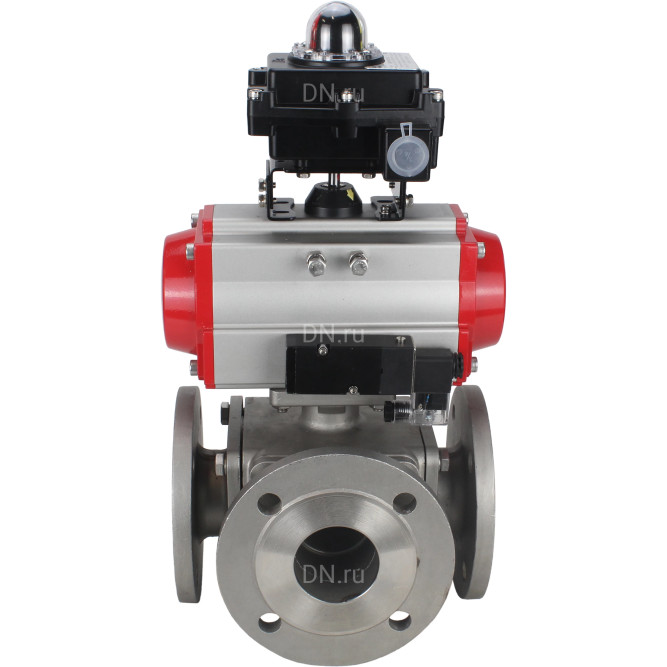 Кран шаровой BV3232P(4pc)-FP-3WL-F Ду40 Ру16 полнопроходной трехходовой, фланцевый, корпус - нержавеющая сталь SS316, с пневмоприводом PA-DA-065 двойного действия, пневмораспределителем 4M310-08 DC24V и БКВ APL-410N EX в Алматы
