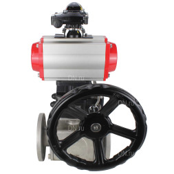 Кран шаровой BV3232P(4pc)-FP-3WL-F Ду65 Ру16 полнопроходной трехходовой, фланцевый, корпус - нержавеющая сталь SS316, с пневмоприводом PA-DA-083 двойного действия, БКВ APL-210N и ручным дублером MON2-450-T28-ISO