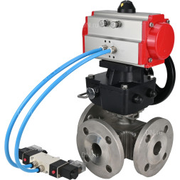 Кран шаровой BV3232P(4pc)-FP-3WL-F Ду100 Ру16 полнопроходной трехходовой, фланцевый, корпус - нержавеющая сталь SS316, с пневмоприводом PA-DA-105 двойного действия, пневмораспределителем 4V320-10 AC220V и ручным дублером MON3-700-T38-ISO